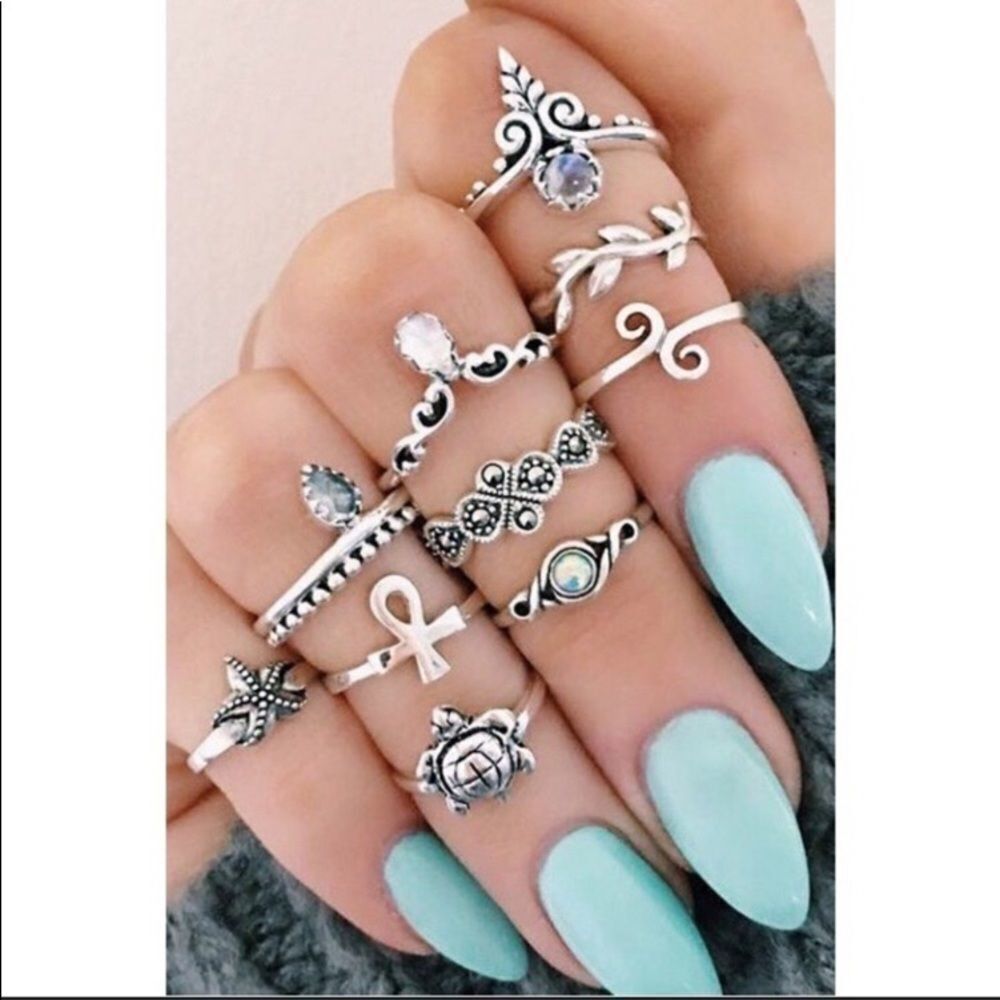 Silver Sea Turtle Starfish Gem Trendy Ring Set